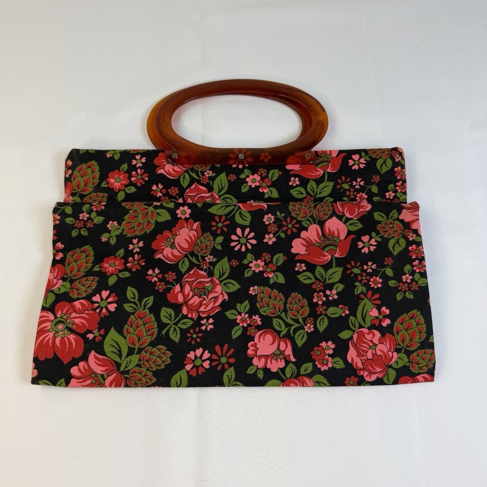 Vintage 1960's Floral Lady's Pride Folding Tote Bag Lucite Handles Black Pink